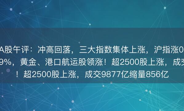 A股午评：冲高回落，三大指数集体上涨，沪指涨0.09%创业板指涨0.29%，黄金、港口航运股领涨！超2500股上涨，成交9877亿缩量856亿